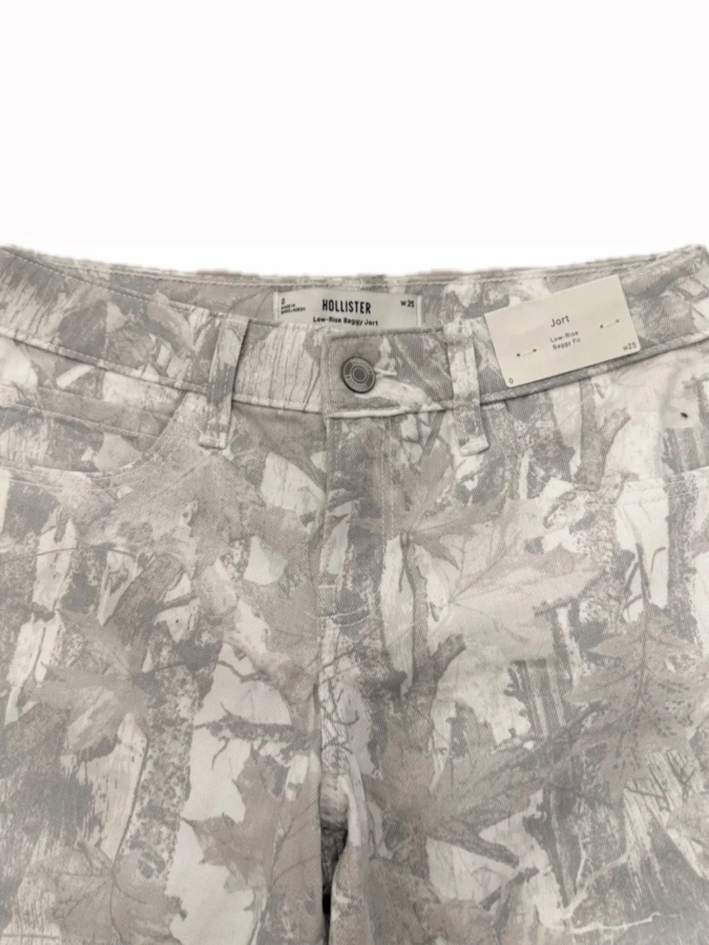 HOLLISTER WOMEN 0/25 LOW-RISE BAGGY JORTS IN WHITE CAMO DENIM NWT